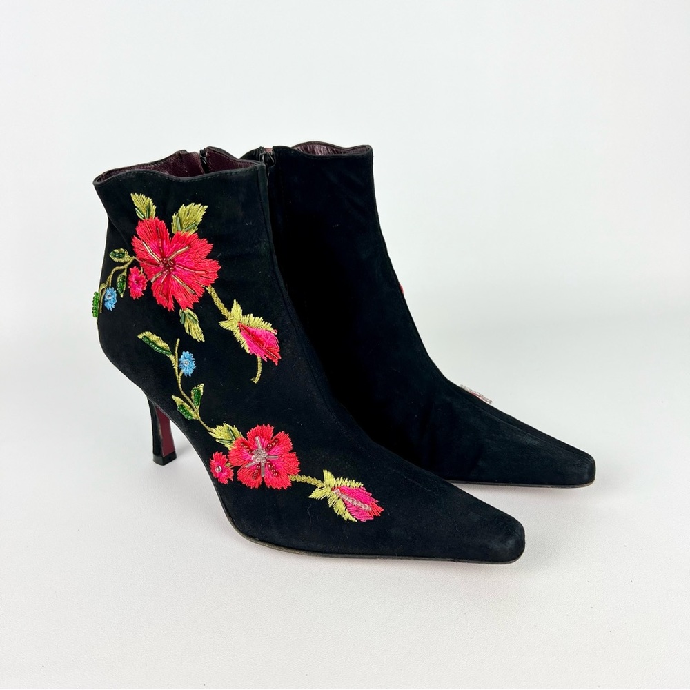 Ramon Tenza Black Suede Floral Embroidered Ankle Booties 7.5